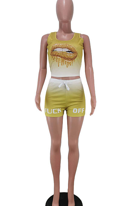 Sleeveless Gradual Change Personality Mouth Graphic Sport Shorts Sets AYM5006