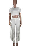 Pure Color Short Sleeve Top Ruffle Pants Pit Bar Two-Pieces KXL831