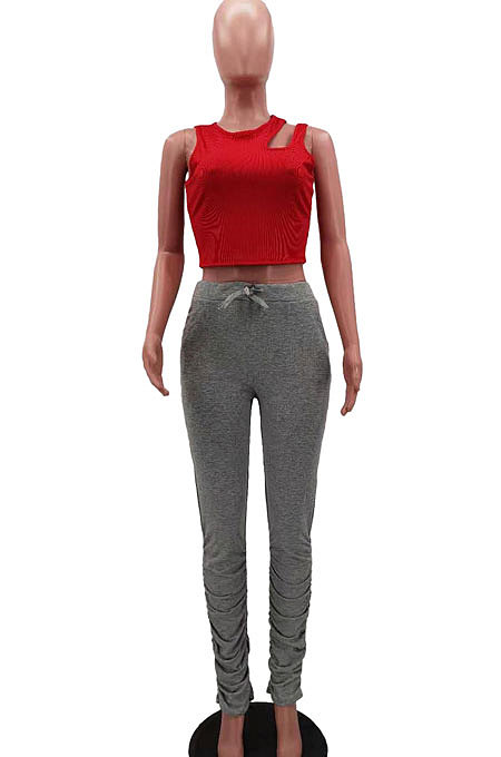 Pure Color Shirred Detail Casual Sport Pants Sets AYM5001