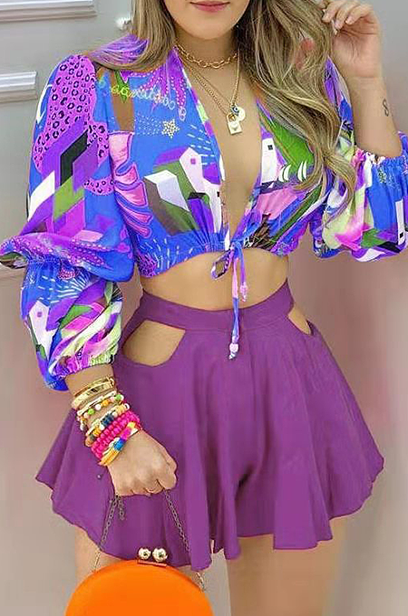 Bow Print Long Sleeve Sexy Shirts Suit MSG8017
