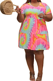 Digital Printing Simple Giant Swing Printing Round Neck Knotted Strap Short Sleeve Mini Dress CYC751