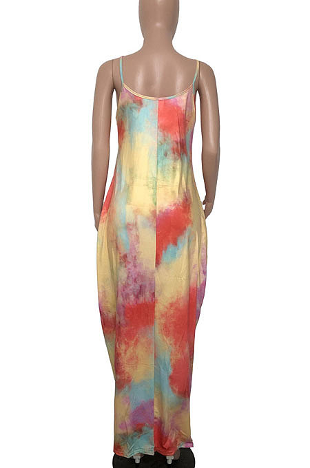 Sand Beach Loose Tie Dye Simple Giant Swing Skirts Pocket Gallus Long Dress RMH8914