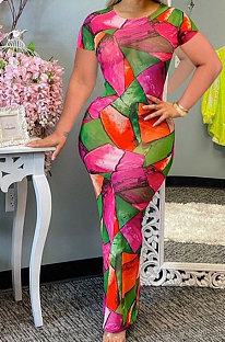 Contrast Color Geometric Graphic Fashion Casual Short Sleeve Long Dress RMH8910