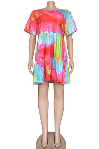 Digital Printing Simple Giant Swing Printing Round Neck Knotted Strap Short Sleeve Mini Dress CYC751