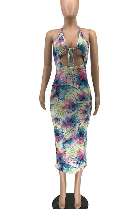 Knotted Strap Halter Neck Tie Dye Midi Dress RMH8921