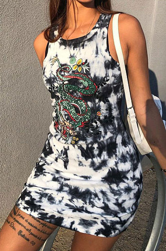 Sexy Cultivate One’s Morality Temperament Package Buttocks Printing Set Head Pit Bar Sleeveless Mini Dress CYC747