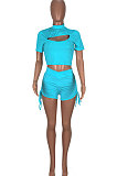 Pure Color Hollow Out Sport Shirred Detail Milk Silk Two-Pieces KXL822