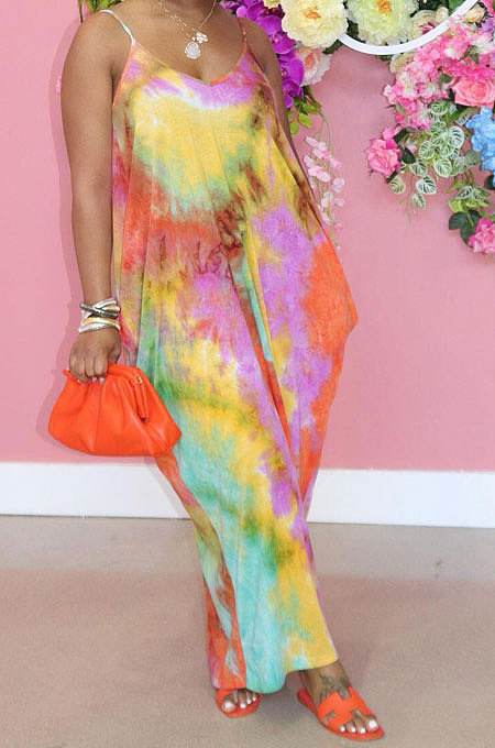Sand Beach Loose Tie Dye Simple Giant Swing Skirts Pocket Gallus Long Dress RMH8914
