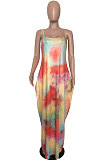 Sand Beach Loose Tie Dye Simple Giant Swing Skirts Pocket Gallus Long Dress RMH8914