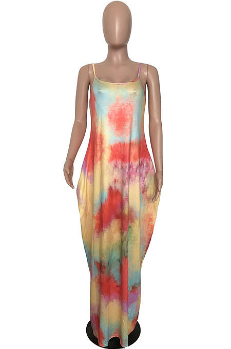 Sand Beach Loose Tie Dye Simple Giant Swing Skirts Pocket Gallus Long Dress RMH8914