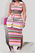 Contrast Color Printing Stripe Gallus Pit Bar Long Dress KXL828