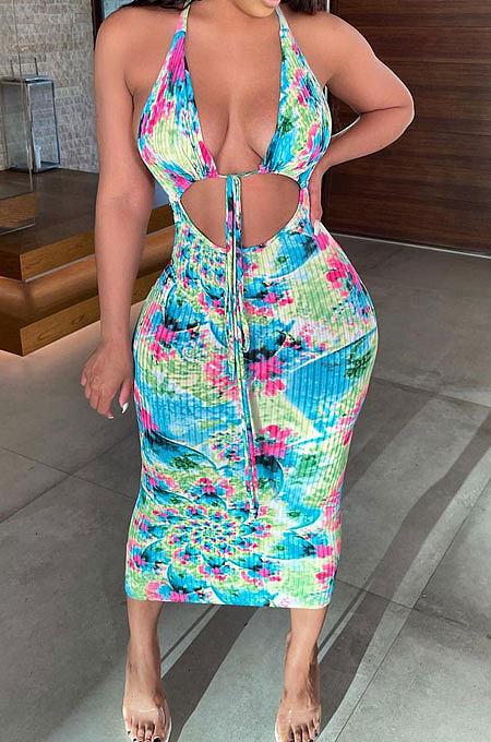 Knotted Strap Halter Neck Tie Dye Midi Dress RMH8921