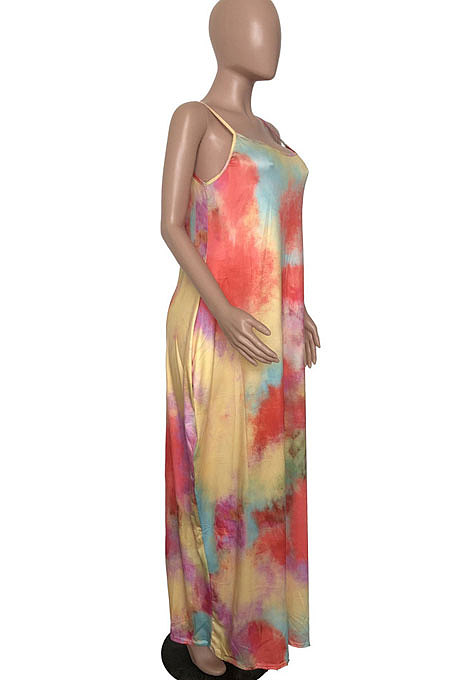 Sand Beach Loose Tie Dye Simple Giant Swing Skirts Pocket Gallus Long Dress RMH8914