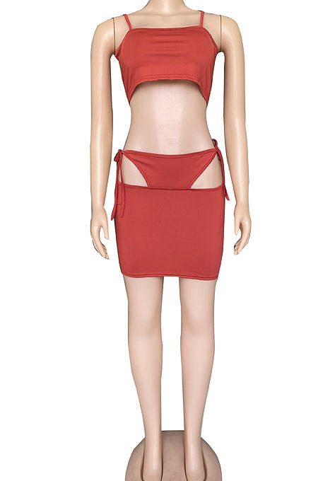 Sexy Club Bind Temperament Commuter Gallus Pure Color Skirts Two-Pieces  CYC755