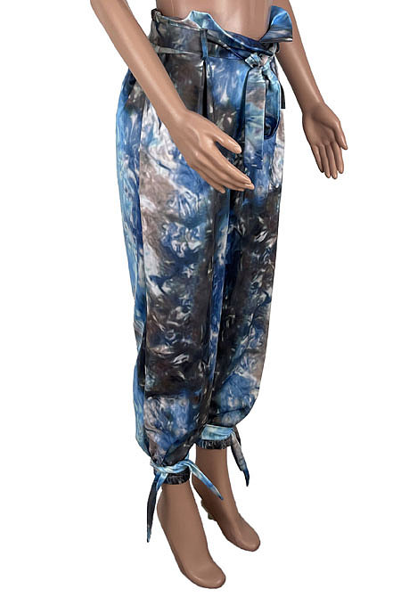Contrast Color Tie Dye Casual Belt Long Pants KXL832