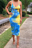 Sexy Trendy Gallus Printing Tie Dye Backless Midi Dress AMW8220