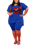 V-Neck Large Lip Print Casual 2PCS Short Sets YM178