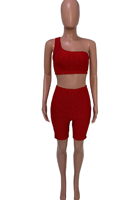 One Shoulder Pineapple cloth Yoga Casual Sport Shorts Sets Q799