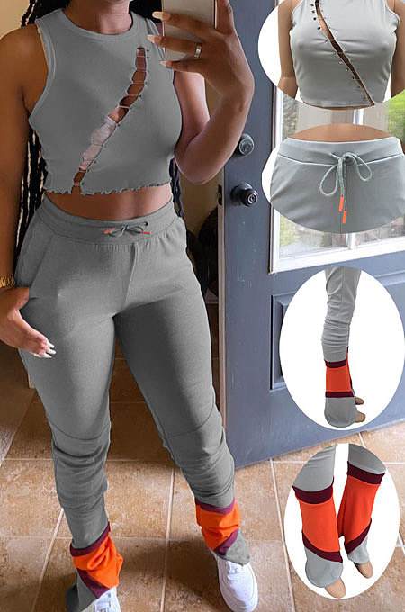 Women Hollow Out Sport Casual Flare Leg Pants Two-Pieces AMW8305