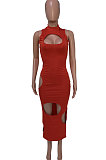 Sexy Club Irregular Pure Color Hollow Out Long Dress Q787