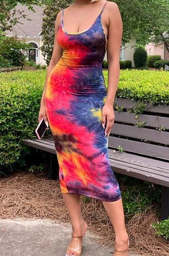 Sexy Trendy Gallus Printing Tie Dye Backless Midi Dress AMW8220