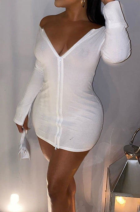 Euramerican Women Club Sexy Pit Bar Pure Color Zipper Tight Mini Dress OH8058