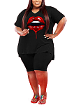 V-Neck Large Lip Print Casual 2PCS Short Sets YM178