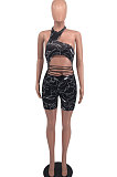 Hollow Out Sleeveless Printing Bind Sexy Tight Romper Shorts OH8055