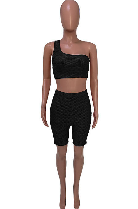 One Shoulder Pineapple cloth Yoga Casual Sport Shorts Sets Q799