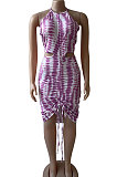 Halter Neck Backless Stripe Printing Sexy Mini Dress BNB026