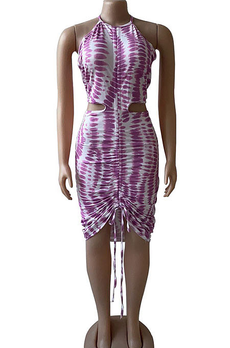 Halter Neck Backless Stripe Printing Sexy Mini Dress BNB026