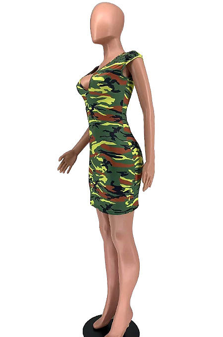 Fashion Casual Camo Printing Package Buttocks Mini Dress XXR2137