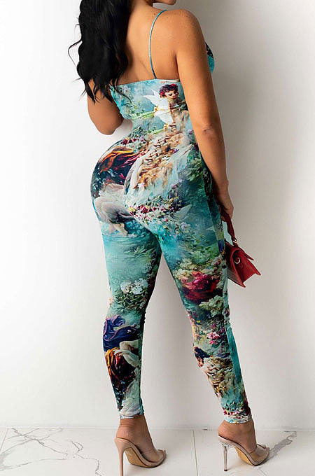 Color Printing Hollow Out Bind Gallus Bodycon Jumpsuits Q838