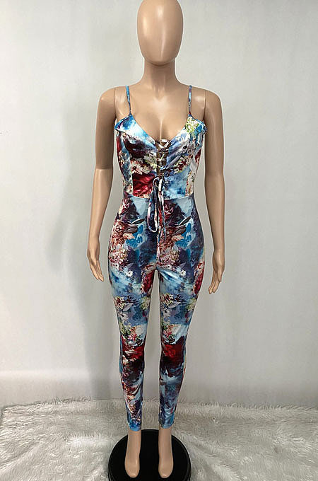 Color Printing Hollow Out Bind Gallus Bodycon Jumpsuits Q838