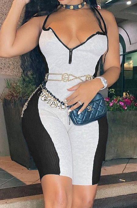 Pit Bar Zipper V Neck Gallus Spliced Sexy Romper Shorts BNB008