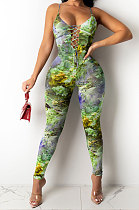Color Printing Hollow Out Bind Gallus Bodycon Jumpsuits Q838