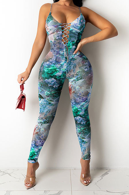 Color Printing Hollow Out Bind Gallus Bodycon Jumpsuits Q838