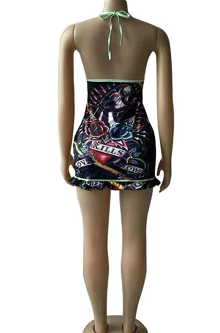 Sexy Big V Neck Gallus Printing Club Lace Mini Dress BNB017