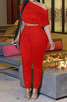 Inclined Shoulder Casual Pocket Sexy Fashion Pants Sets XXR2135