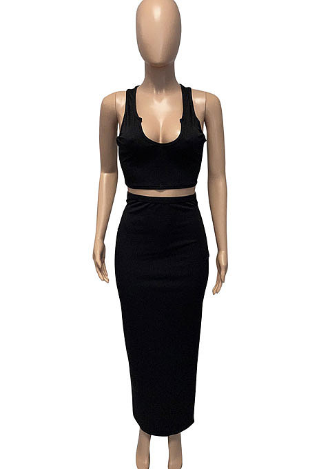 Sexy V Neck Sleeveless Vest Pure Color Skirts Sets Q826