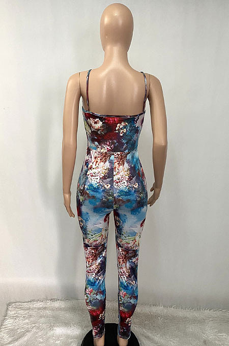 Color Printing Hollow Out Bind Gallus Bodycon Jumpsuits Q838