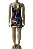 Sexy Big V Neck Gallus Printing Club Lace Mini Dress BNB017