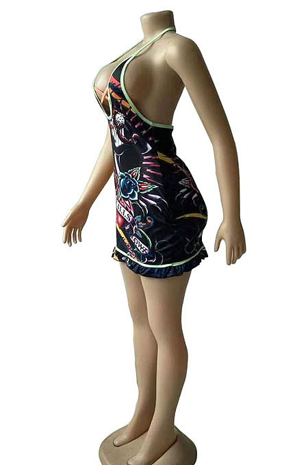 Sexy Big V Neck Gallus Printing Club Lace Mini Dress BNB017