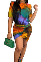 Printing Tie Dye Irregularity Bind Round Neck Mini Dress XXR2018