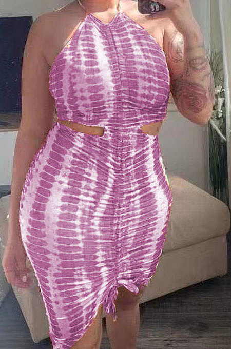 Halter Neck Backless Stripe Printing Sexy Mini Dress BNB026