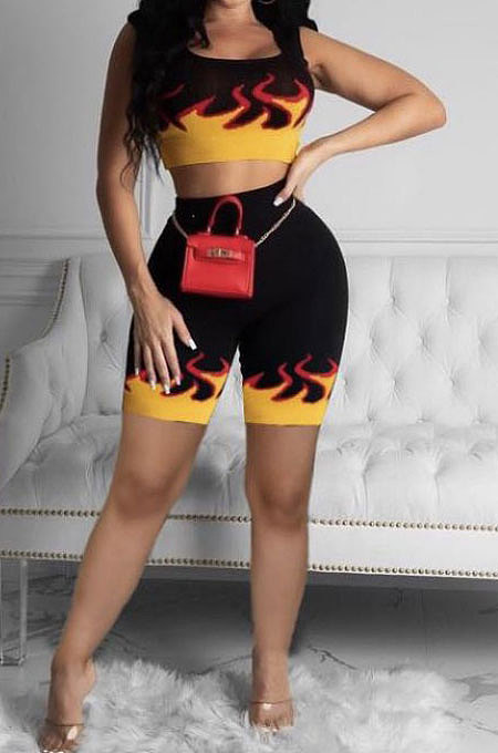 Trendy Casual Women Square Collar Sexy Personality Printing Shorts Sets AYM5017