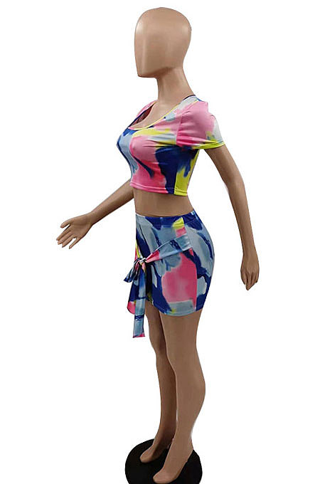 Women Fashion Tie Dye Short Sleeve Skirts Sets KKY8024
