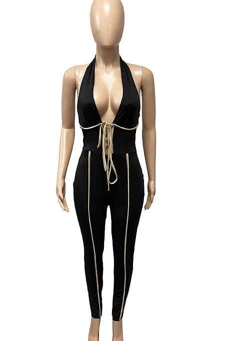 Halter Neck Sexy Bind V Neck Bodycon Jumpsuits Q783