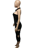 Halter Neck Sexy Hollow Out Ruffle Pure Color Midi Dress Q778