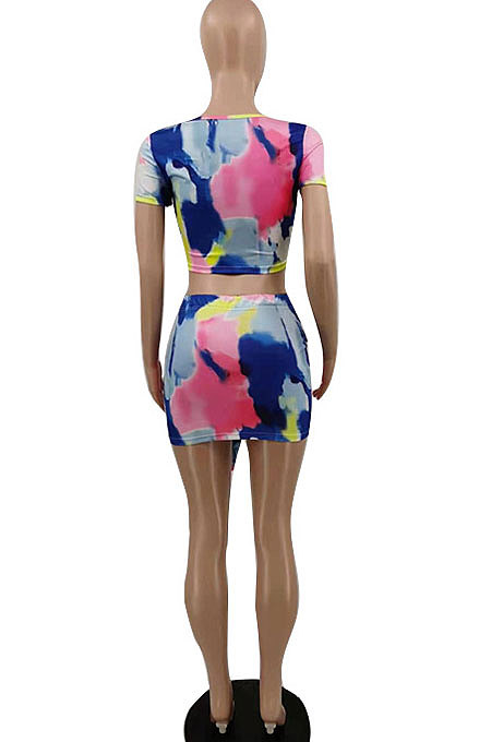 Women Fashion Tie Dye Short Sleeve Skirts Sets KKY8024